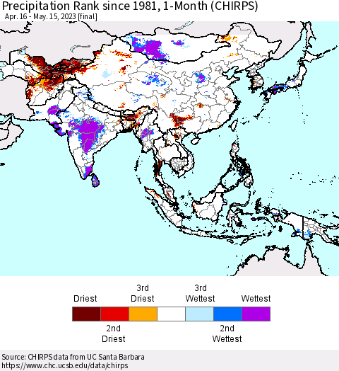 Asia Precipitation Rank since 1981, 1-Month (CHIRPS) Thematic Map For 4/16/2023 - 5/15/2023