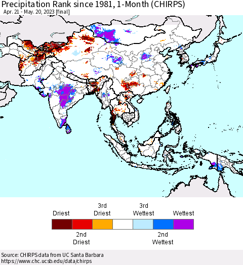 Asia Precipitation Rank since 1981, 1-Month (CHIRPS) Thematic Map For 4/21/2023 - 5/20/2023