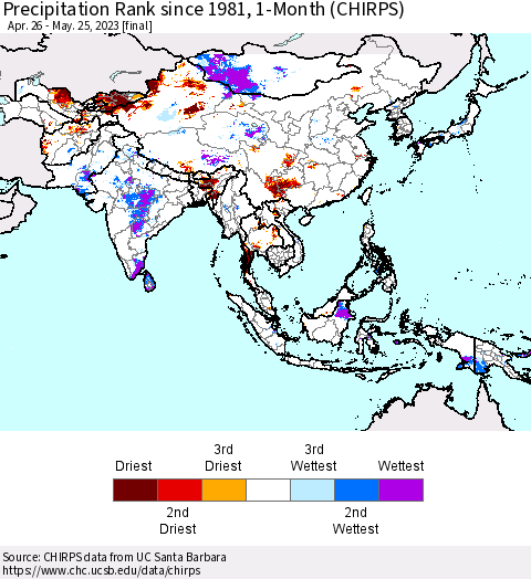 Asia Precipitation Rank since 1981, 1-Month (CHIRPS) Thematic Map For 4/26/2023 - 5/25/2023
