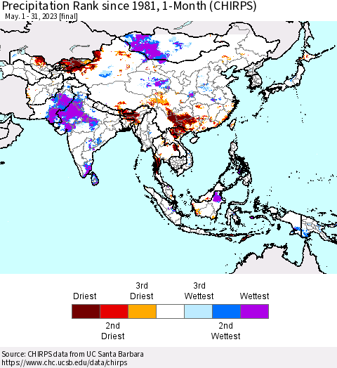 Asia Precipitation Rank since 1981, 1-Month (CHIRPS) Thematic Map For 5/1/2023 - 5/31/2023