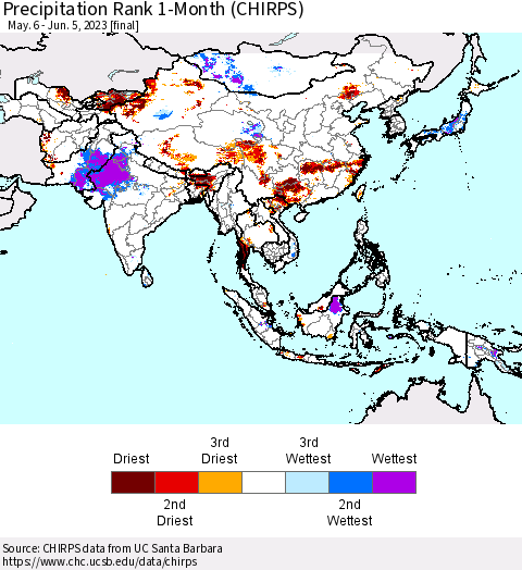 Asia Precipitation Rank since 1981, 1-Month (CHIRPS) Thematic Map For 5/6/2023 - 6/5/2023