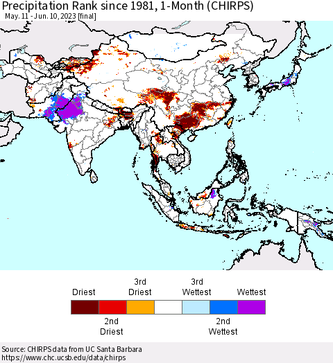 Asia Precipitation Rank since 1981, 1-Month (CHIRPS) Thematic Map For 5/11/2023 - 6/10/2023