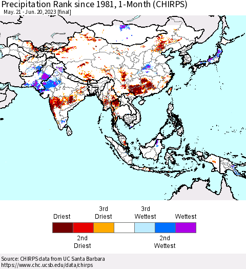 Asia Precipitation Rank since 1981, 1-Month (CHIRPS) Thematic Map For 5/21/2023 - 6/20/2023