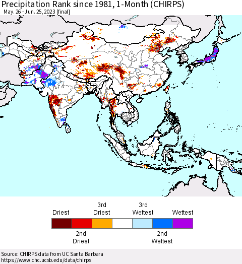 Asia Precipitation Rank since 1981, 1-Month (CHIRPS) Thematic Map For 5/26/2023 - 6/25/2023