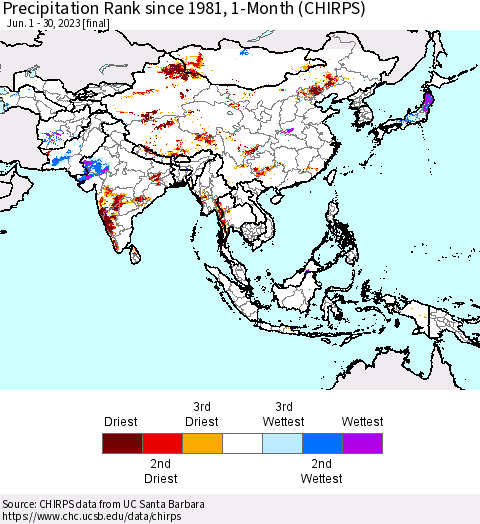 Asia Precipitation Rank since 1981, 1-Month (CHIRPS) Thematic Map For 6/1/2023 - 6/30/2023