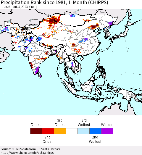 Asia Precipitation Rank since 1981, 1-Month (CHIRPS) Thematic Map For 6/6/2023 - 7/5/2023