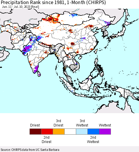 Asia Precipitation Rank since 1981, 1-Month (CHIRPS) Thematic Map For 6/11/2023 - 7/10/2023