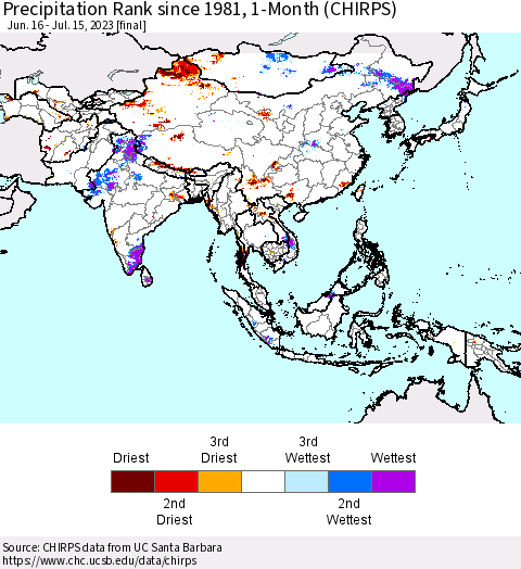 Asia Precipitation Rank since 1981, 1-Month (CHIRPS) Thematic Map For 6/16/2023 - 7/15/2023