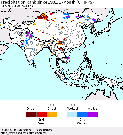 Asia Precipitation Rank since 1981, 1-Month (CHIRPS) Thematic Map For 6/21/2023 - 7/20/2023