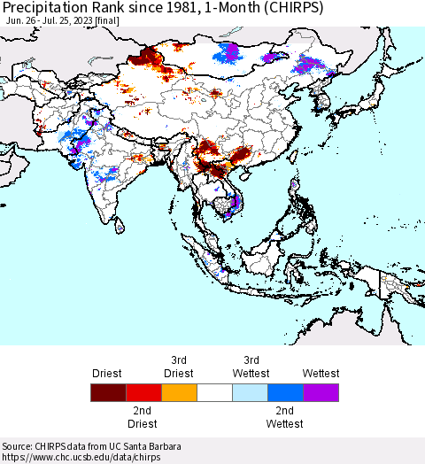 Asia Precipitation Rank since 1981, 1-Month (CHIRPS) Thematic Map For 6/26/2023 - 7/25/2023