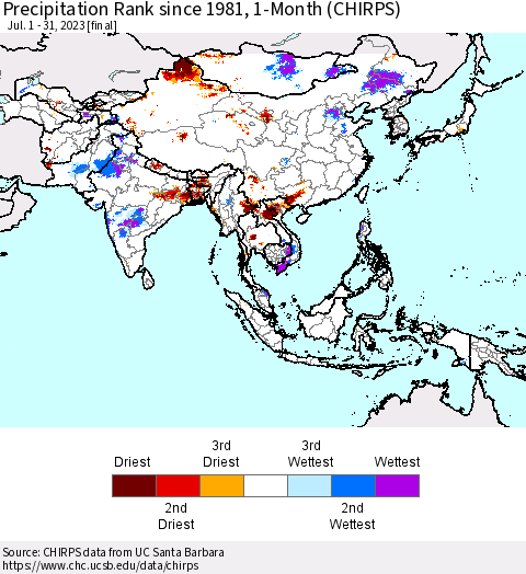 Asia Precipitation Rank since 1981, 1-Month (CHIRPS) Thematic Map For 7/1/2023 - 7/31/2023