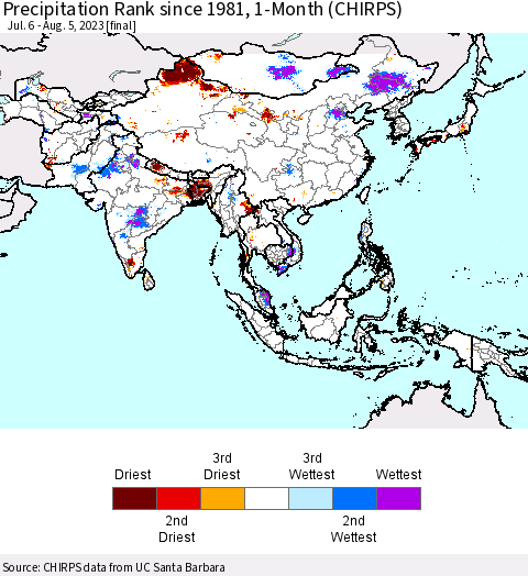 Asia Precipitation Rank since 1981, 1-Month (CHIRPS) Thematic Map For 7/6/2023 - 8/5/2023