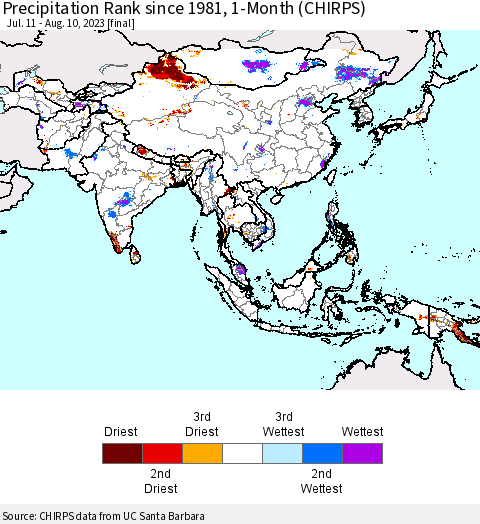 Asia Precipitation Rank since 1981, 1-Month (CHIRPS) Thematic Map For 7/11/2023 - 8/10/2023