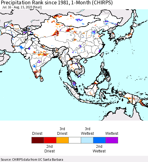 Asia Precipitation Rank since 1981, 1-Month (CHIRPS) Thematic Map For 7/16/2023 - 8/15/2023