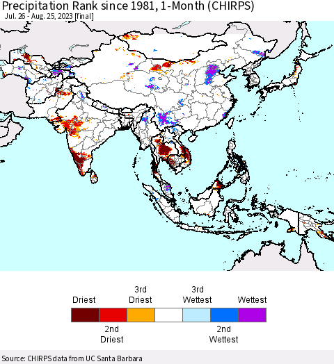 Asia Precipitation Rank since 1981, 1-Month (CHIRPS) Thematic Map For 7/26/2023 - 8/25/2023
