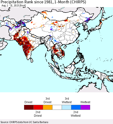Asia Precipitation Rank since 1981, 1-Month (CHIRPS) Thematic Map For 8/1/2023 - 8/31/2023