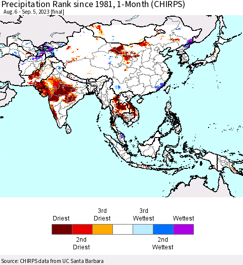 Asia Precipitation Rank since 1981, 1-Month (CHIRPS) Thematic Map For 8/6/2023 - 9/5/2023