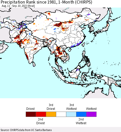 Asia Precipitation Rank since 1981, 1-Month (CHIRPS) Thematic Map For 8/11/2023 - 9/10/2023