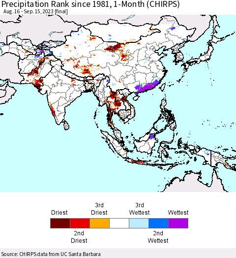 Asia Precipitation Rank since 1981, 1-Month (CHIRPS) Thematic Map For 8/16/2023 - 9/15/2023