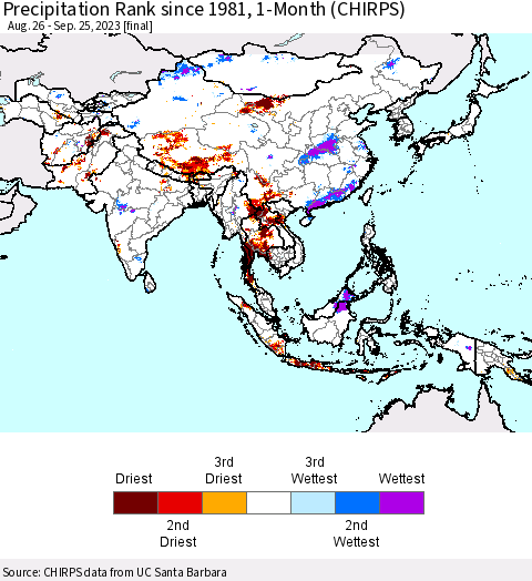 Asia Precipitation Rank since 1981, 1-Month (CHIRPS) Thematic Map For 8/26/2023 - 9/25/2023