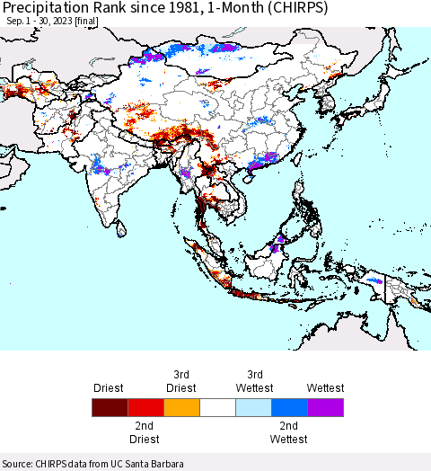 Asia Precipitation Rank since 1981, 1-Month (CHIRPS) Thematic Map For 9/1/2023 - 9/30/2023