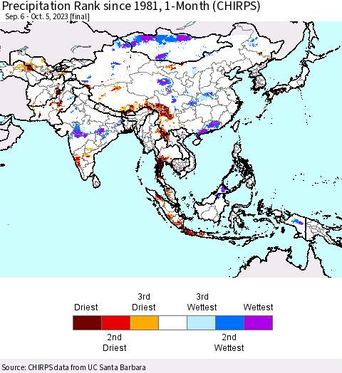 Asia Precipitation Rank since 1981, 1-Month (CHIRPS) Thematic Map For 9/6/2023 - 10/5/2023