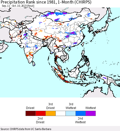 Asia Precipitation Rank since 1981, 1-Month (CHIRPS) Thematic Map For 9/11/2023 - 10/10/2023