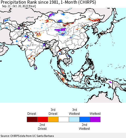 Asia Precipitation Rank since 1981, 1-Month (CHIRPS) Thematic Map For 9/21/2023 - 10/20/2023