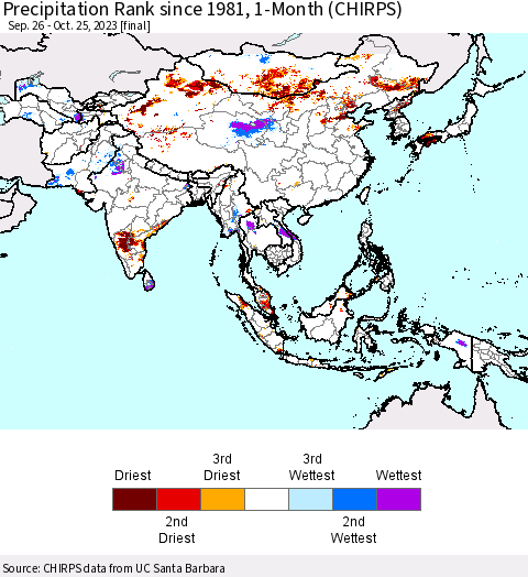 Asia Precipitation Rank since 1981, 1-Month (CHIRPS) Thematic Map For 9/26/2023 - 10/25/2023