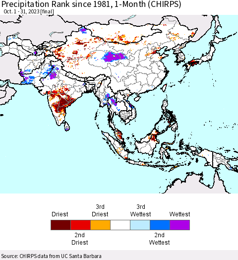 Asia Precipitation Rank since 1981, 1-Month (CHIRPS) Thematic Map For 10/1/2023 - 10/31/2023