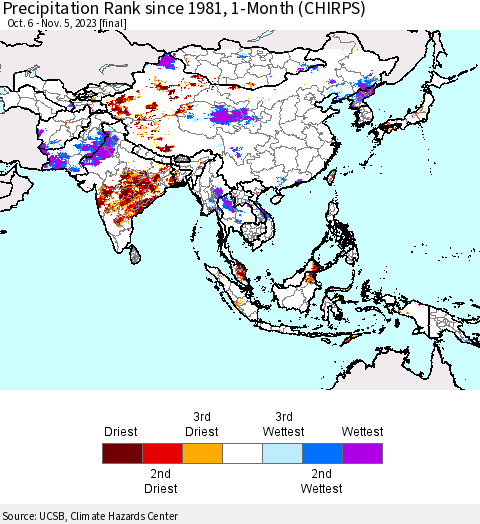 Asia Precipitation Rank since 1981, 1-Month (CHIRPS) Thematic Map For 10/6/2023 - 11/5/2023