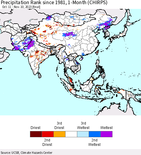 Asia Precipitation Rank since 1981, 1-Month (CHIRPS) Thematic Map For 10/11/2023 - 11/10/2023