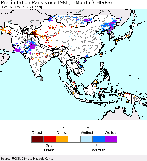 Asia Precipitation Rank since 1981, 1-Month (CHIRPS) Thematic Map For 10/16/2023 - 11/15/2023