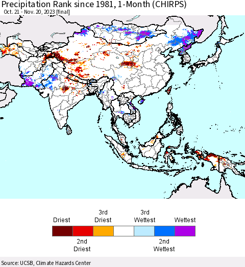 Asia Precipitation Rank since 1981, 1-Month (CHIRPS) Thematic Map For 10/21/2023 - 11/20/2023