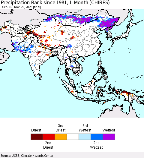 Asia Precipitation Rank since 1981, 1-Month (CHIRPS) Thematic Map For 10/26/2023 - 11/25/2023