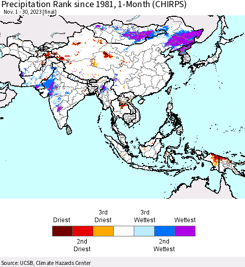 Asia Precipitation Rank since 1981, 1-Month (CHIRPS) Thematic Map For 11/1/2023 - 11/30/2023