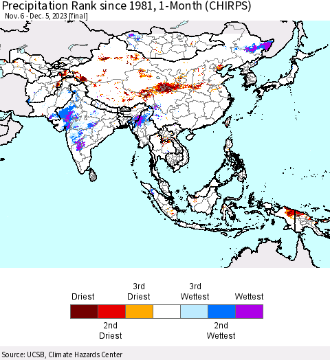 Asia Precipitation Rank since 1981, 1-Month (CHIRPS) Thematic Map For 11/6/2023 - 12/5/2023