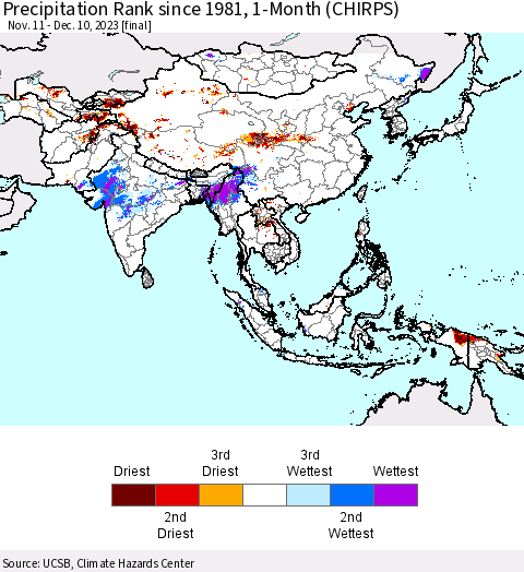 Asia Precipitation Rank since 1981, 1-Month (CHIRPS) Thematic Map For 11/11/2023 - 12/10/2023