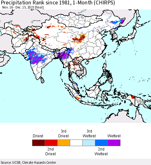 Asia Precipitation Rank since 1981, 1-Month (CHIRPS) Thematic Map For 11/16/2023 - 12/15/2023