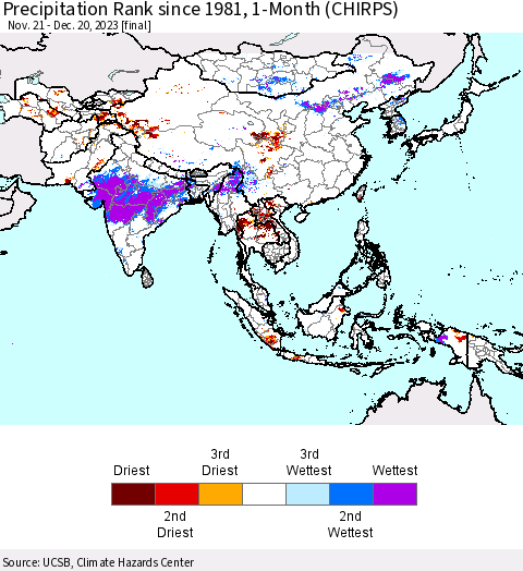 Asia Precipitation Rank since 1981, 1-Month (CHIRPS) Thematic Map For 11/21/2023 - 12/20/2023