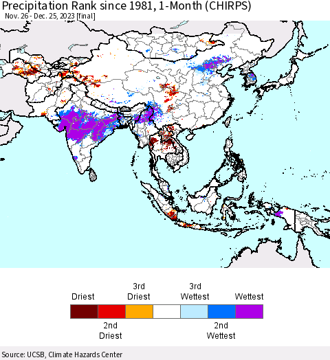 Asia Precipitation Rank since 1981, 1-Month (CHIRPS) Thematic Map For 11/26/2023 - 12/25/2023