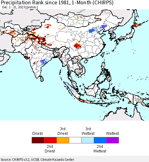 Asia Precipitation Rank since 1981, 1-Month (CHIRPS) Thematic Map For 12/1/2023 - 12/31/2023