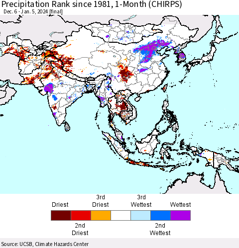 Asia Precipitation Rank since 1981, 1-Month (CHIRPS) Thematic Map For 12/6/2023 - 1/5/2024