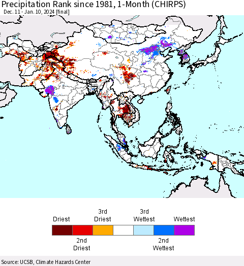 Asia Precipitation Rank since 1981, 1-Month (CHIRPS) Thematic Map For 12/11/2023 - 1/10/2024