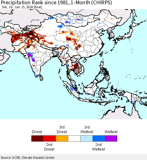 Asia Precipitation Rank since 1981, 1-Month (CHIRPS) Thematic Map For 12/16/2023 - 1/15/2024