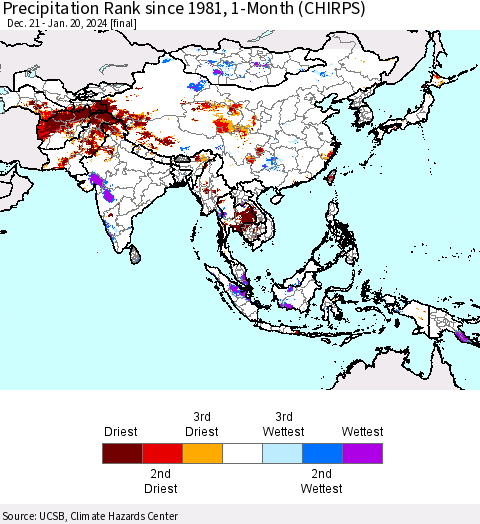 Asia Precipitation Rank since 1981, 1-Month (CHIRPS) Thematic Map For 12/21/2023 - 1/20/2024