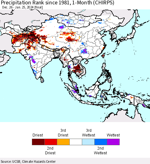 Asia Precipitation Rank since 1981, 1-Month (CHIRPS) Thematic Map For 12/26/2023 - 1/25/2024