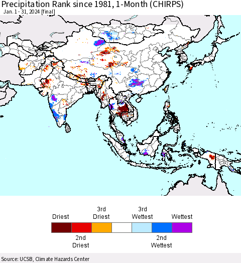 Asia Precipitation Rank since 1981, 1-Month (CHIRPS) Thematic Map For 1/1/2024 - 1/31/2024