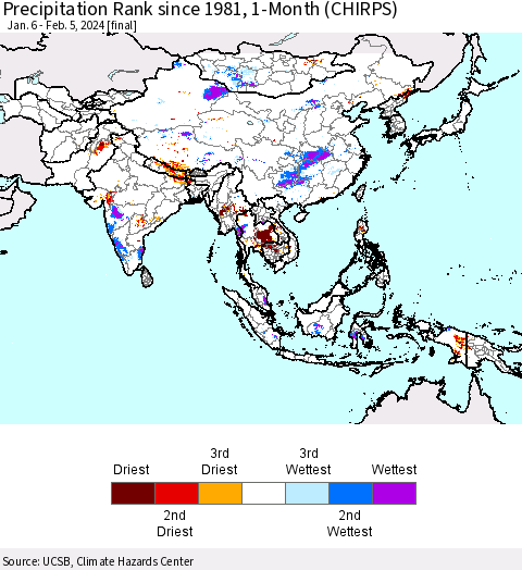 Asia Precipitation Rank since 1981, 1-Month (CHIRPS) Thematic Map For 1/6/2024 - 2/5/2024