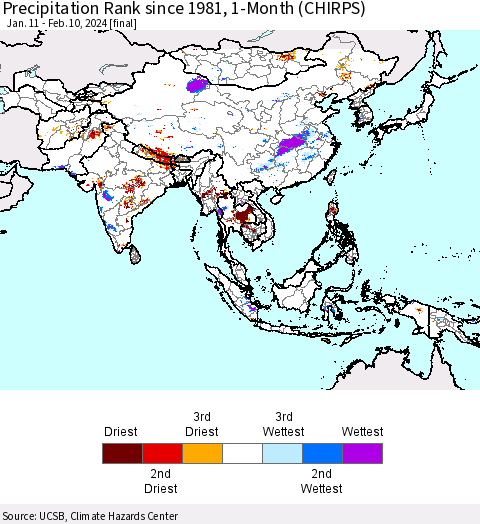 Asia Precipitation Rank since 1981, 1-Month (CHIRPS) Thematic Map For 1/11/2024 - 2/10/2024